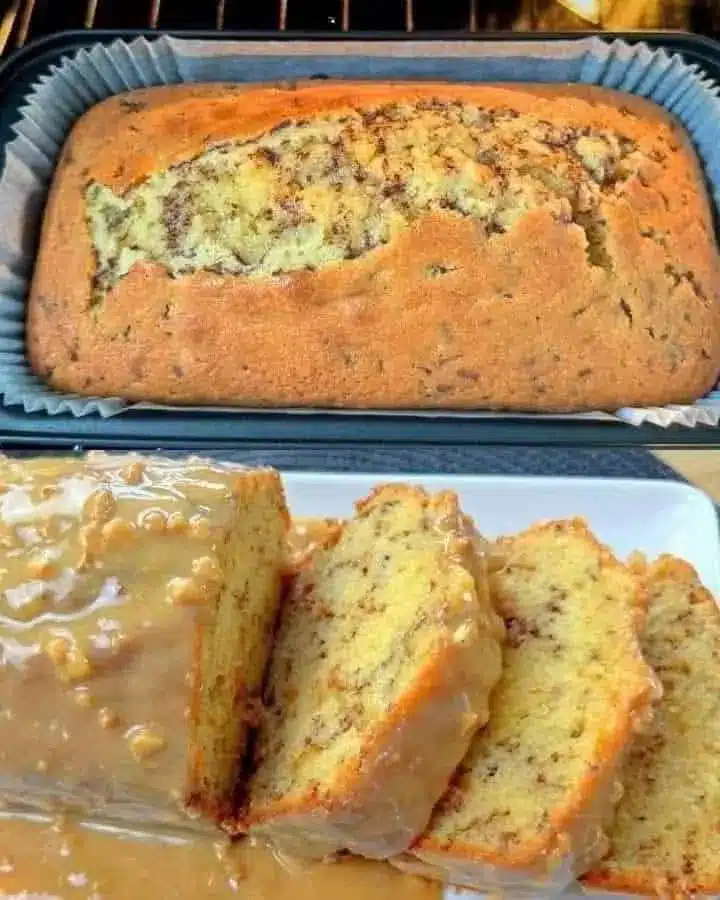A thick slice of moist banana bread topped with a melting pat of butter