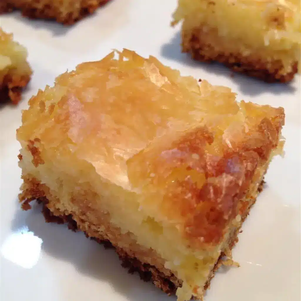 A sliced square of gooey butter cake on a plate, showing the distinct layers.