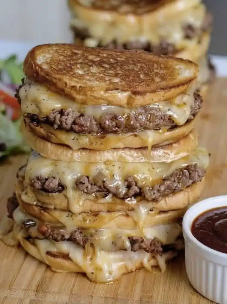 A close up of a patty melt cut in half with secret sauce dripping out