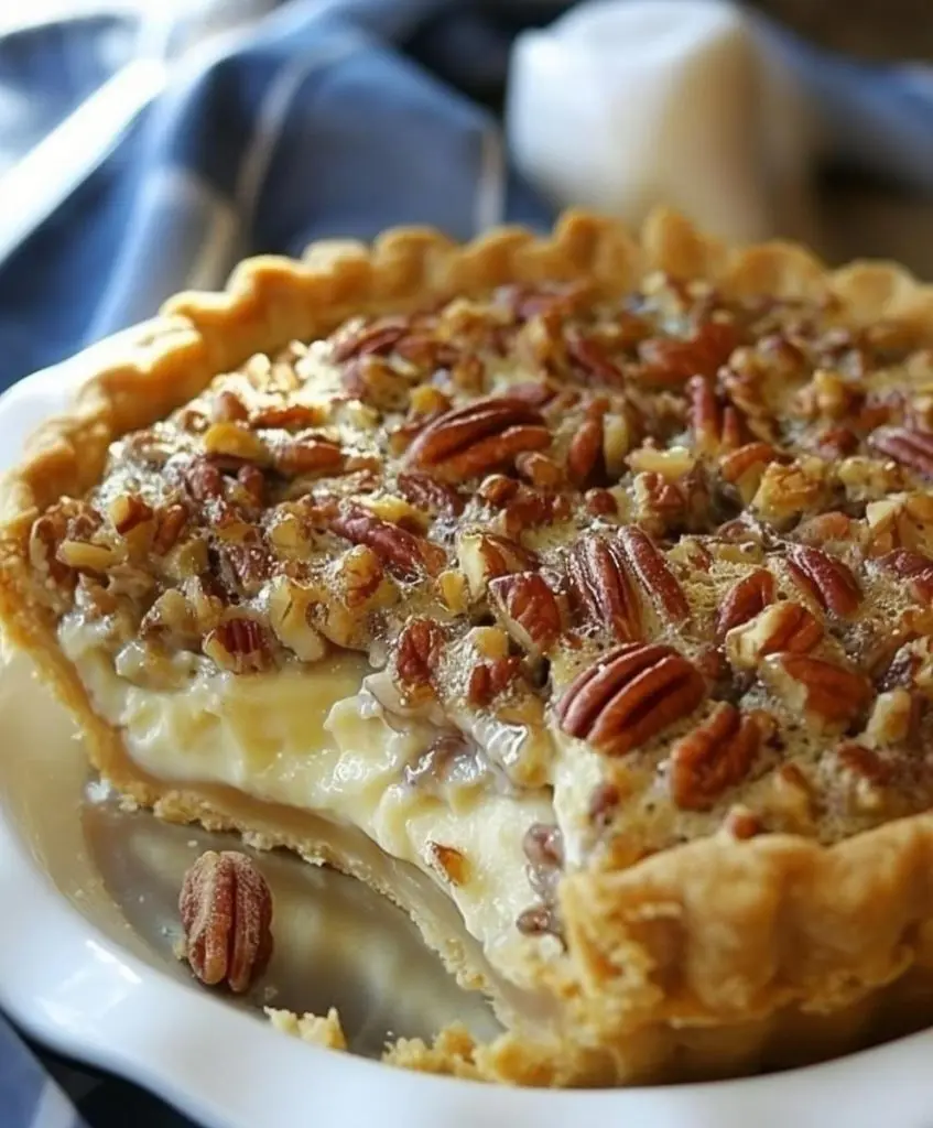 A whole pecan cheesecake pie in a glass dish, garnished with extra pecans on top.