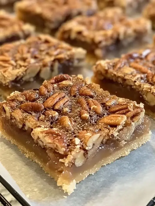 Perfectly sliced pecan pie bars stacked on a plate