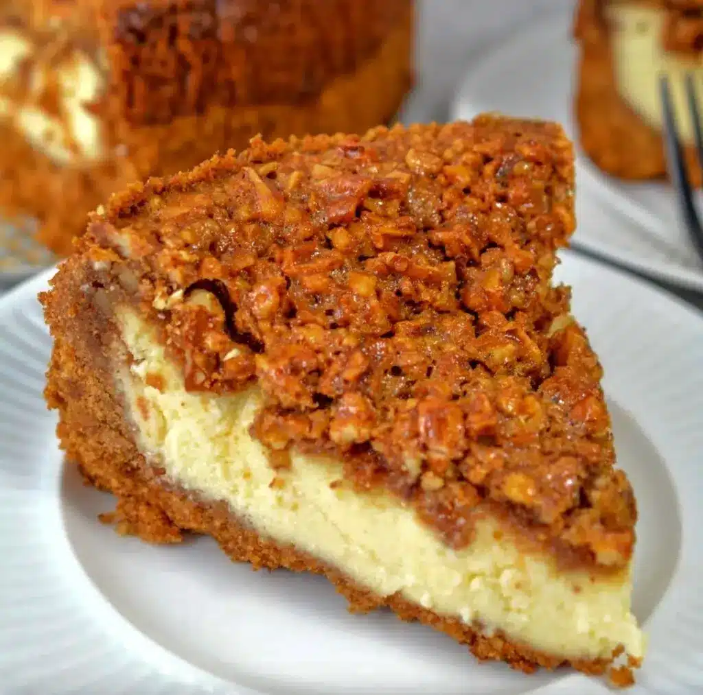 A whole pecan pie cheesecake on a cake stand with a thick layer of pecans on top.