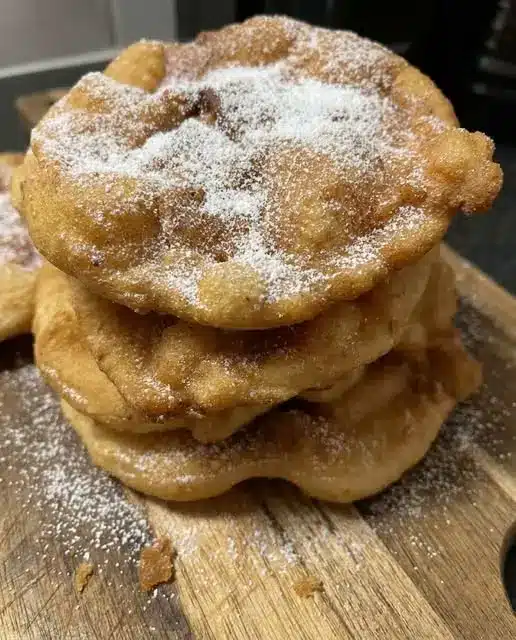 Close up of a flaky pastry dusted with powdered sugar and drizzled with icing