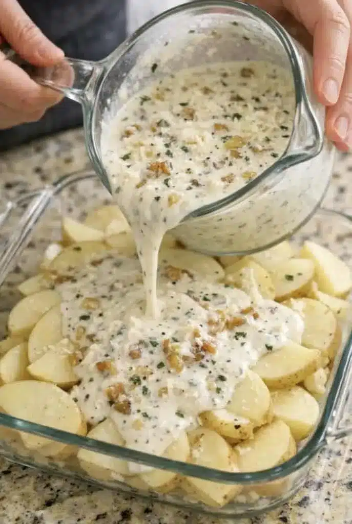 Serving of creamy scalloped potatoes on a plate with fresh chives