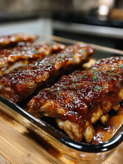 A close-up of sliced smoked ribs showing the pink smoke ring and a glossy BBQ glaze