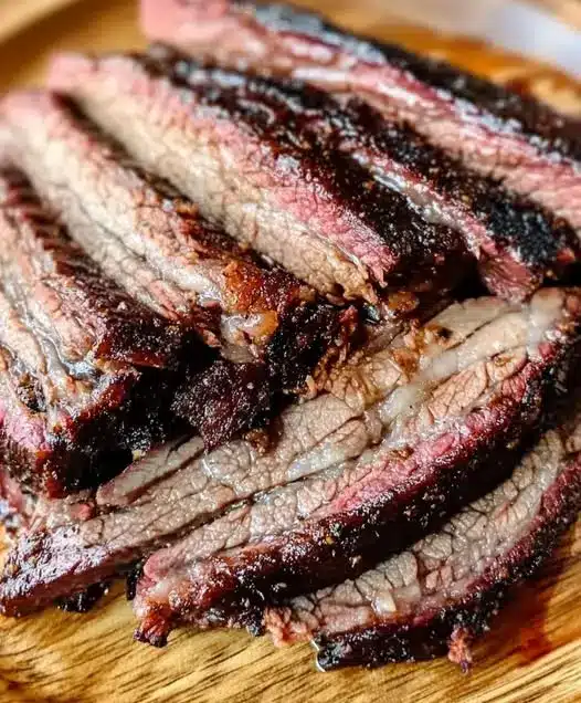 Slices of smoked beef brisket showing a prominent pink smoke ring and a dark savory bark.