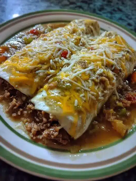 A finished platter of smothered beef burritos garnished with fresh cilantro and sour cream.