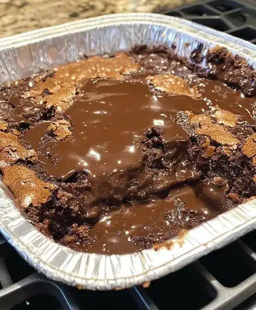 A scoop of chocolate cobbler served in a white bowl with a melting scoop of vanilla ice cream.
