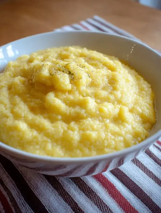 A pot of finished creamy grits with a wooden spoon, showing the thick and smooth consistency.