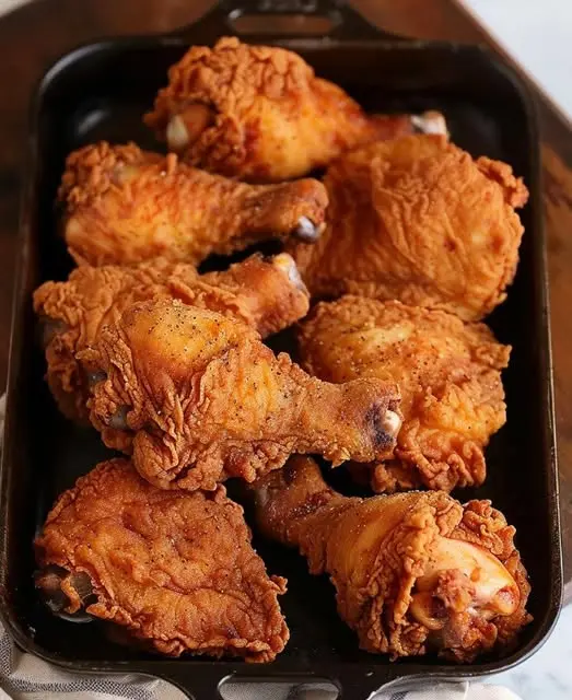 A platter of southern fried chicken served with traditional sides like biscuits and coleslaw