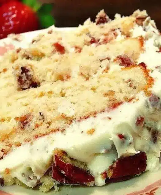 A whole strawberry cream cake decorated with fresh berries on a white cake stand.