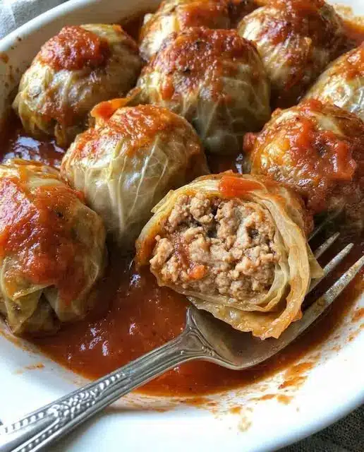 A platter of stuffed cabbage rolls garnished with fresh dill and served with a side of sour cream