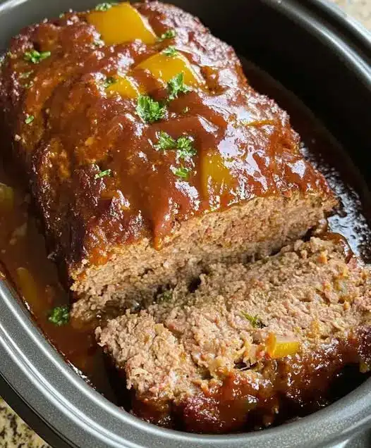 Sliced meatloaf served on a plate with mashed potatoes and green beans
