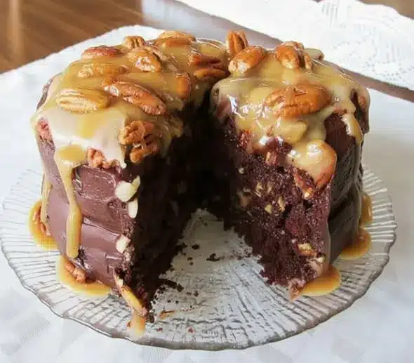 A whole turtle chocolate cake topped with caramel drizzle and pecans