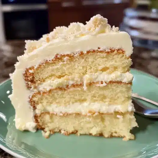 Slices of vanilla layer cake showing a moist crumb and thick layers of frosting