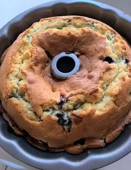 A slice of blueberry angel food cake on a white plate with fresh berries on the side