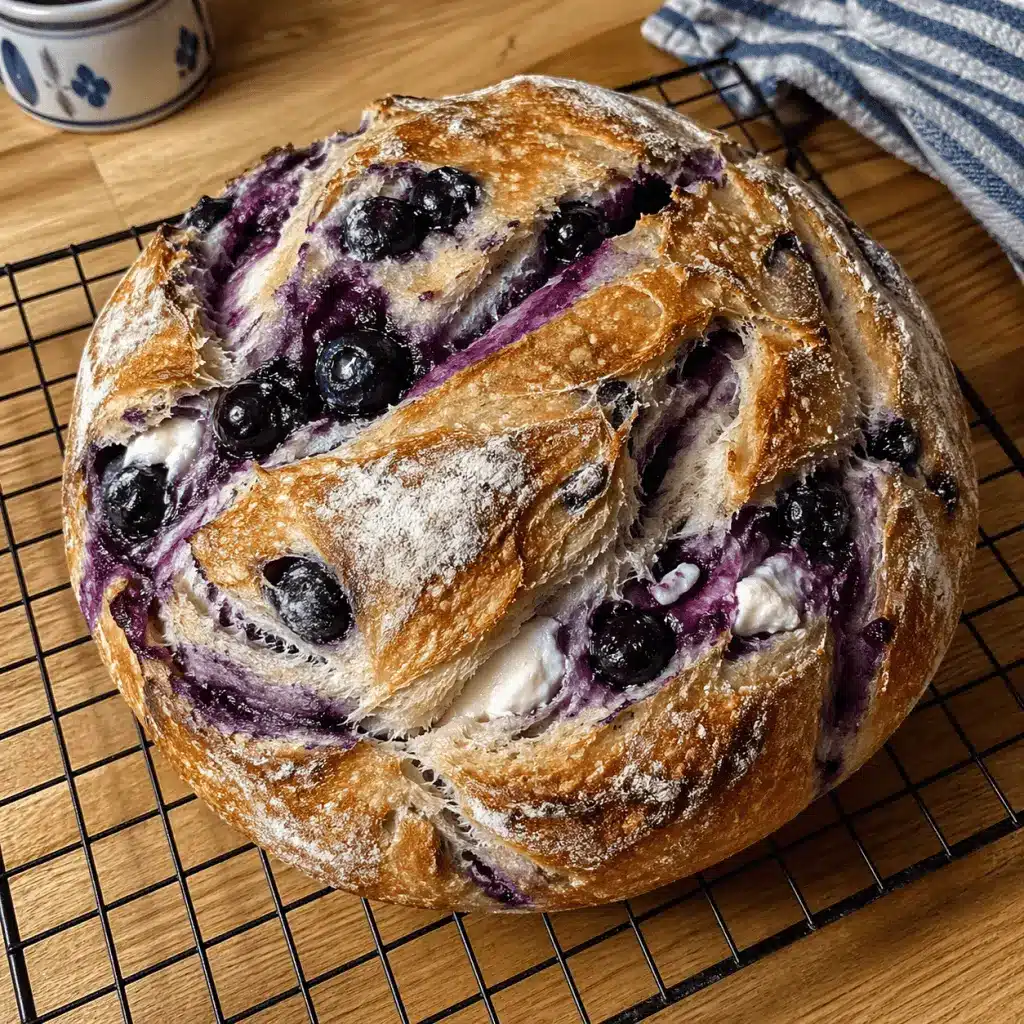 Close up of a thick slice of blueberry cream cheese bread