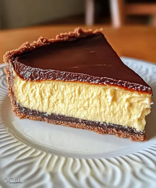 The finished Boston Cream Pie Cheesecake topped with a glossy chocolate ganache and sitting on a white cake stand.