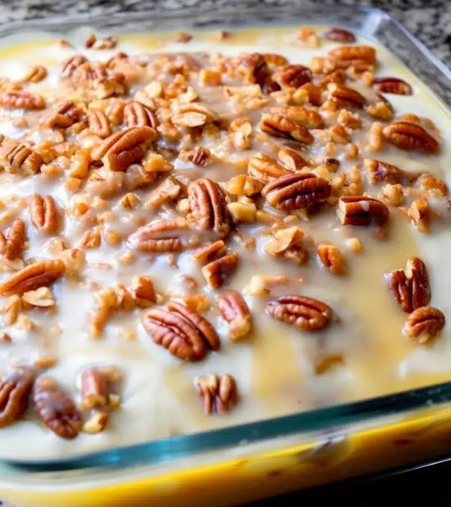 A whole butter pecan praline poke cake in a baking dish topped with pecans.