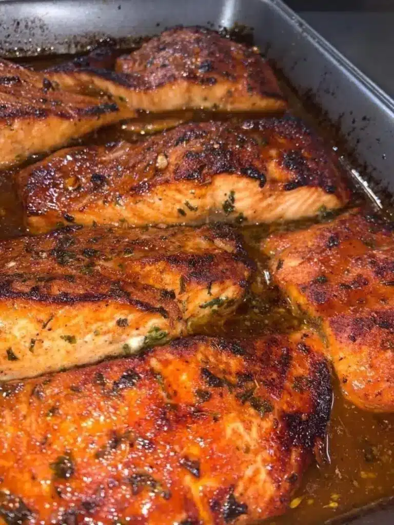 Finished Cajun honey butter salmon served over a bed of white rice with roasted vegetables