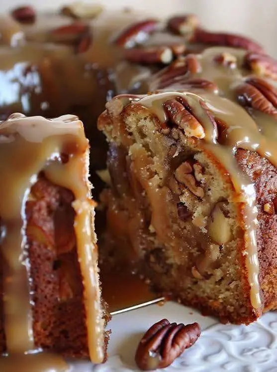 A slice of apple pecan cake on a plate showing the moist interior and thick caramel topping