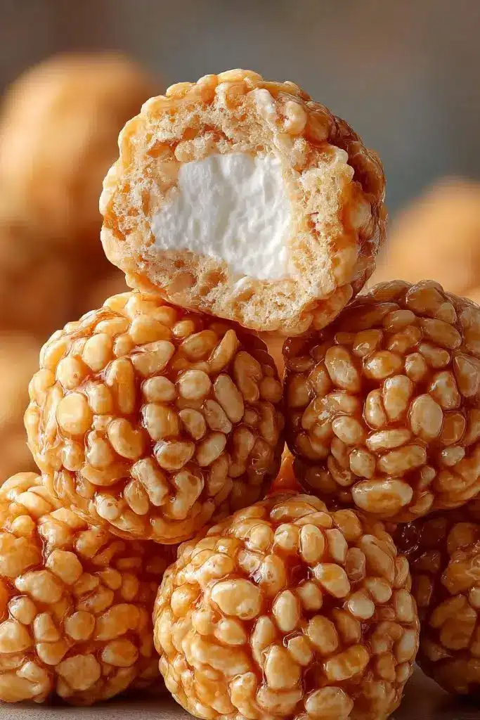 Several caramel marshmallow rice krispie balls arranged on a serving platter
