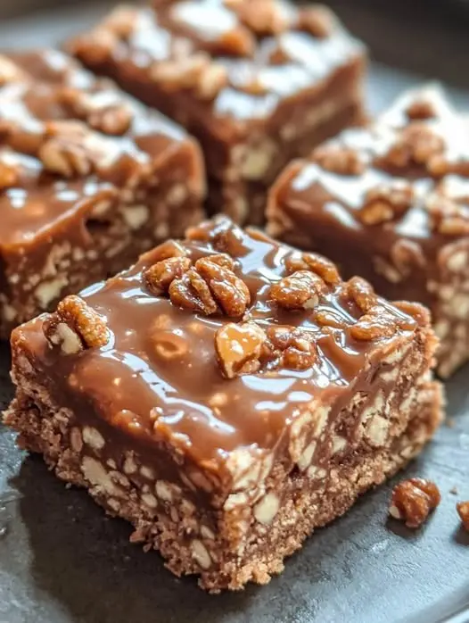 Close up shot of the layers of a caramel pecan chocolate bar