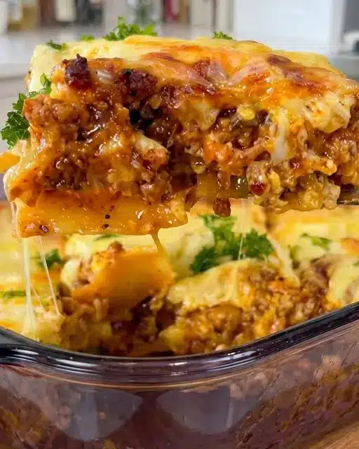A slice of cheesy beef and mushroom lasagna served on a white plate showing clear layers
