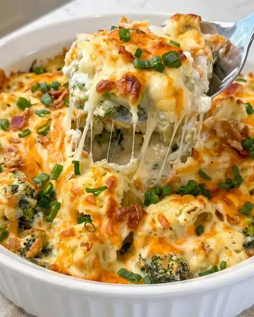 A serving of cheesy broccoli cauliflower casserole on a plate showing the creamy sauce and golden topping