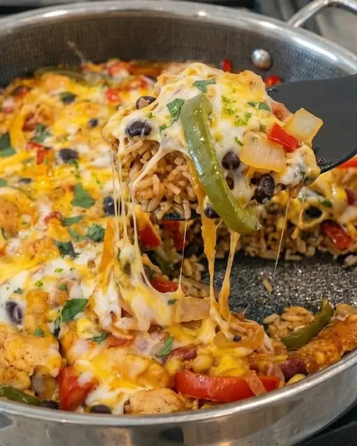 A serving of chicken fajita rice casserole garnished with fresh cilantro and lime wedges.