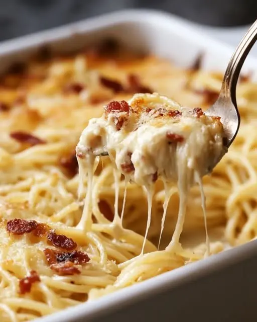 A serving of cheesy chicken spaghetti casserole on a white plate with a side salad