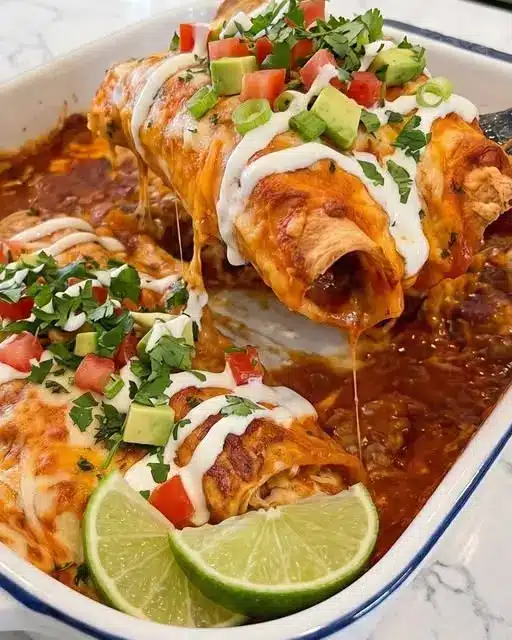 Baked cheesy ground beef enchiladas served with sour cream, cilantro, and lime wedges