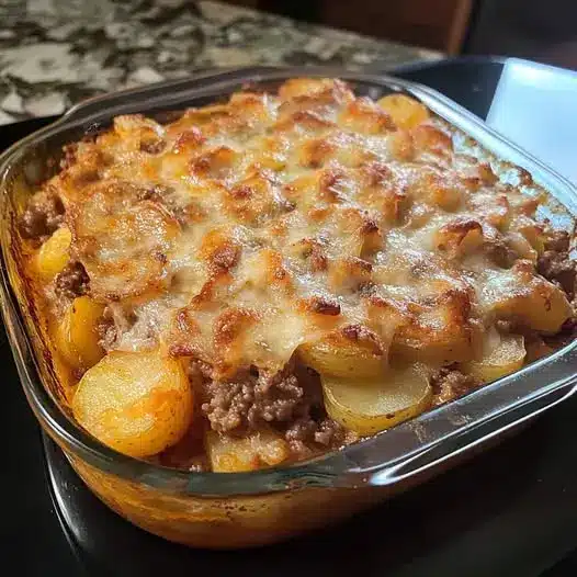 A serving of ground beef potato casserole on a plate with a side of green vegetables