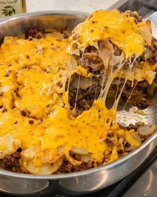 A serving of ground beef and potato skillet topped with fresh green onions