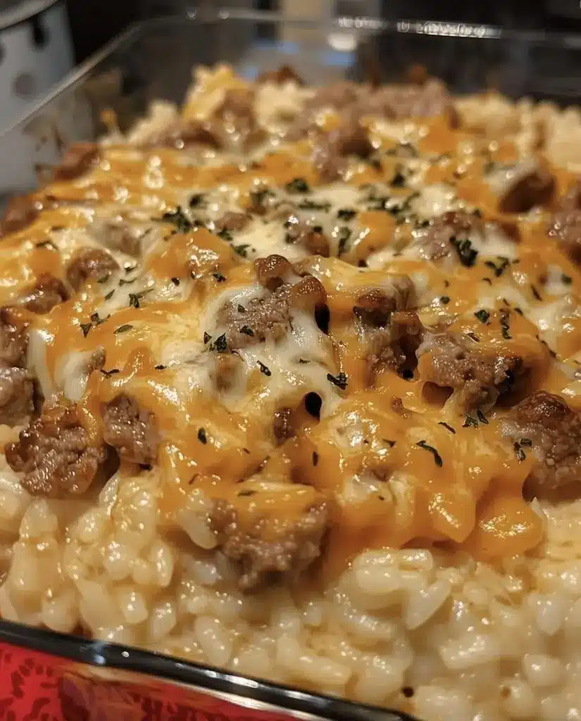 A serving of ground beef rice casserole on a plate with a fork, showing the creamy texture and melted cheese.