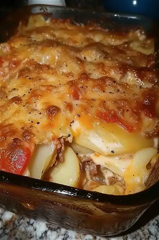 A serving of cheesy ham and potato casserole on a plate showing the creamy texture and melted cheese