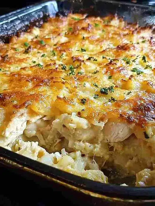 A serving of cheesy hash brown casserole being scooped out of a dish, showing the creamy interior and crunchy topping.
