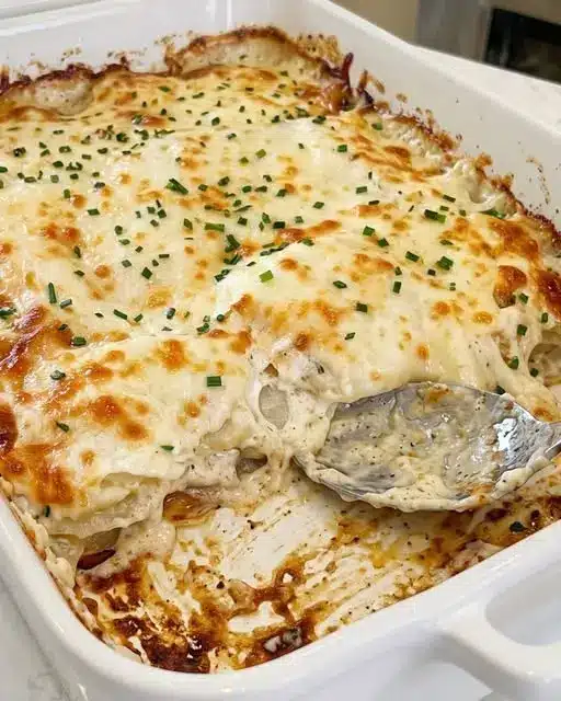 A serving of cheesy jalapeño scalloped potatoes on a plate next to a roasted steak.