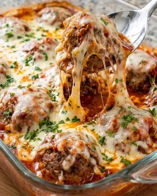 Individual serving of meatball parmesan casserole on a plate with fresh basil