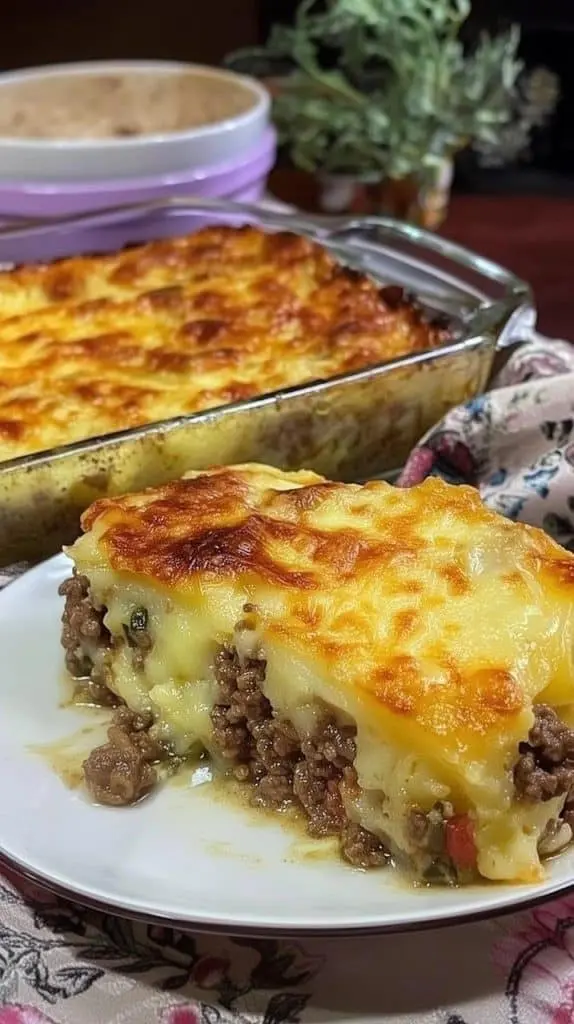 Slices of meatloaf with a cheese center served next to a pile of fluffy mashed potatoes and green peas