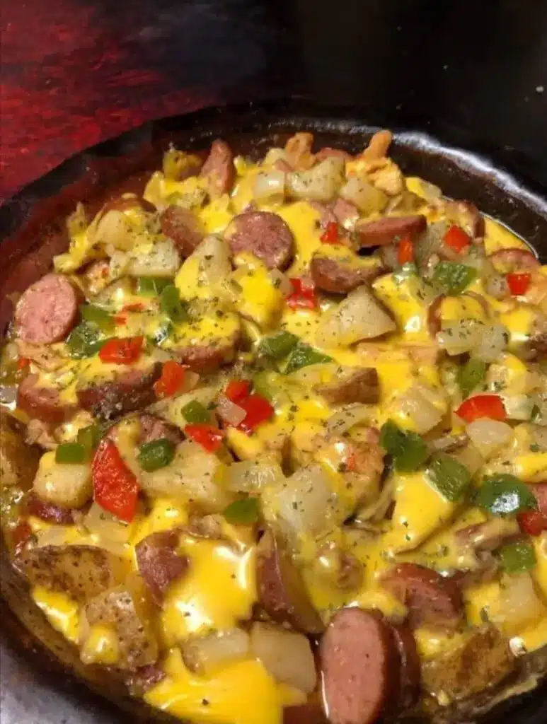 A serving of cheesy potato and sausage bake on a plate, showing the creamy texture and golden cheese crust.