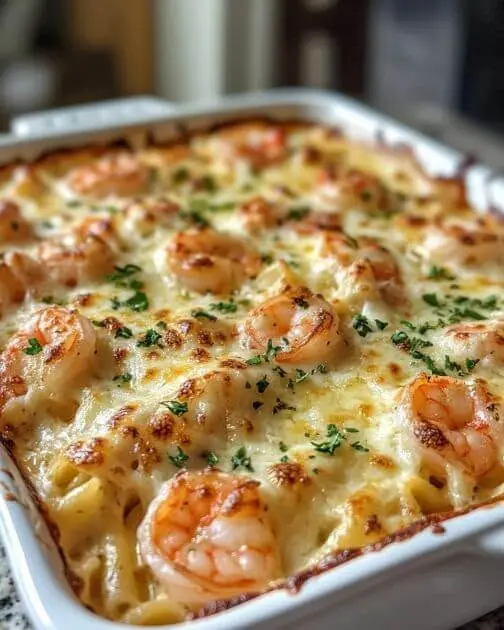 The finished cheesy shrimp pasta bake served in a white bowl with a garnish of fresh parsley.