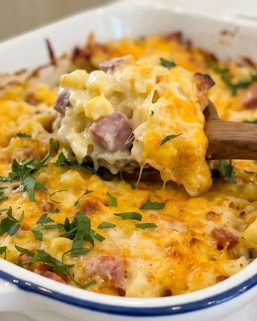 A serving of ham and potato casserole on a plate with a side of green beans.