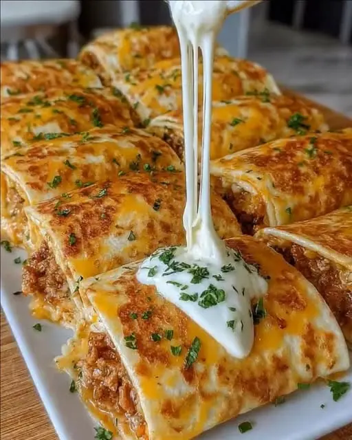 Slices of taco stuffed bread topped with fresh tomatoes, cilantro, and sour cream on a wooden board