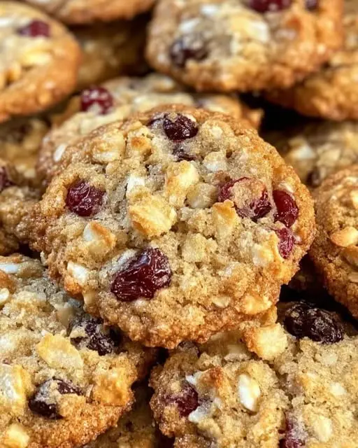 A stack of chewy cranberry oatmeal cookies next to a glass of milk