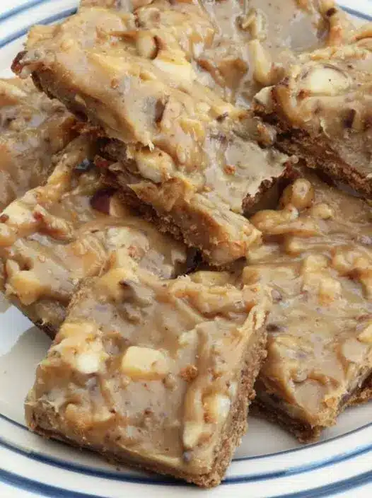 A stack of sliced chewy nutty squirrel bars served on a wooden board.
