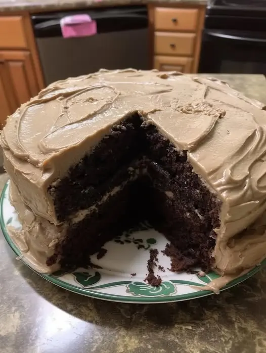 A sliced chocolate cake with thick layers of peanut butter frosting on a serving platter