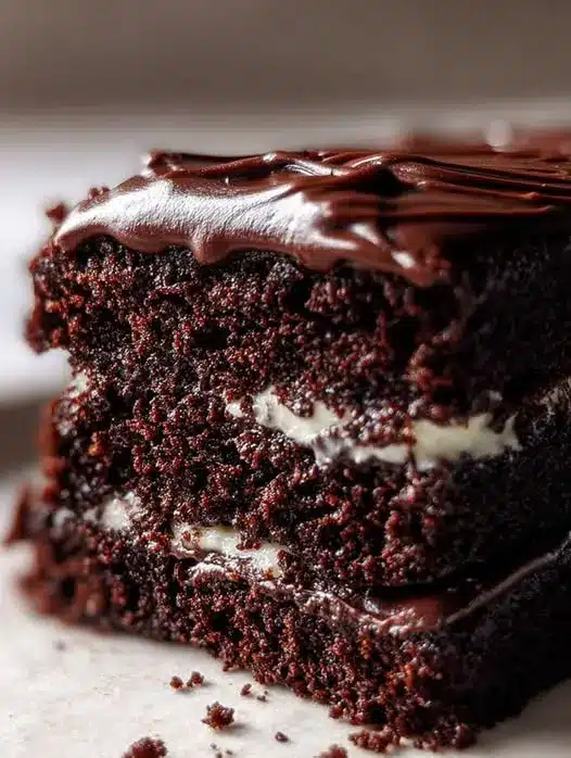 A whole chocolate cream filled cake on a pedestal stand with thick chocolate glaze dripping down the sides.