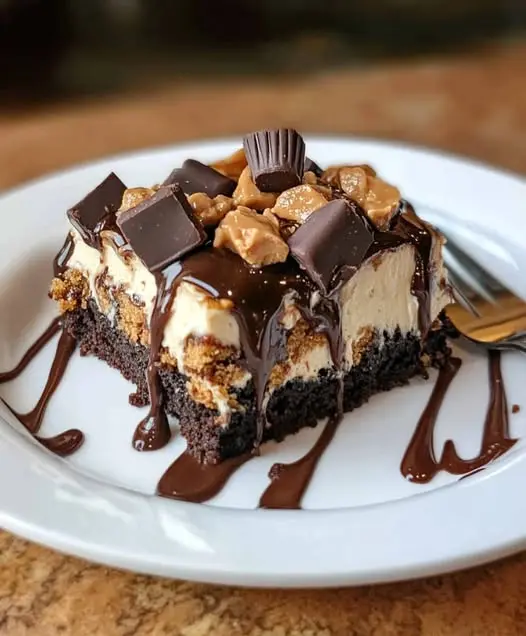 A slice of chocolate peanut butter cup cake showing the interior layers