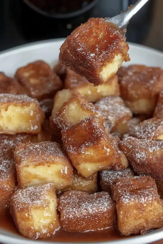 French toast bites drizzled with white icing and dusted with powdered sugar